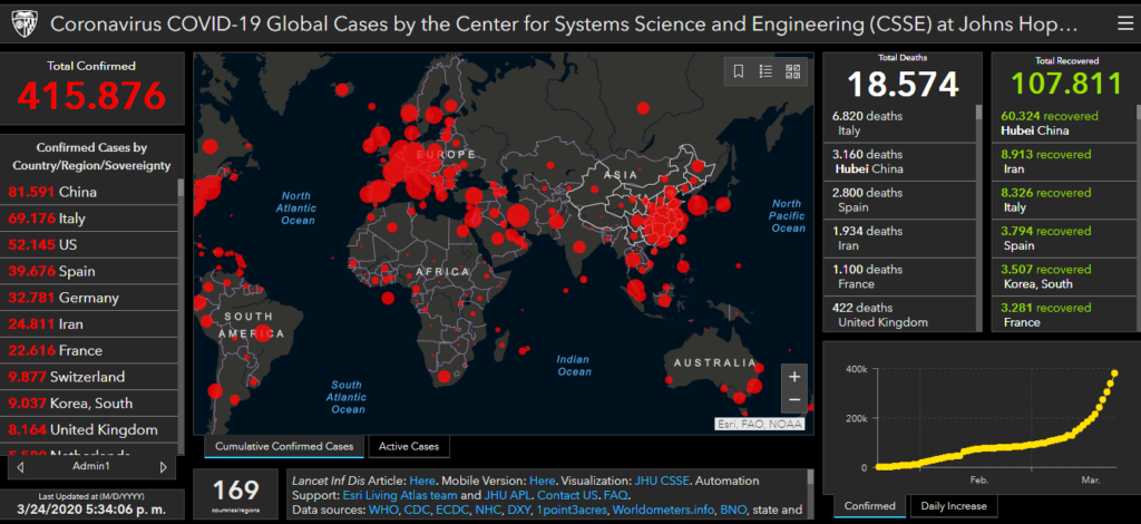 Imagen del mapa interactivo de la evolución del Coronavirus en el mundo, elaborado por la Johns Hopkins University, de EE.UU.